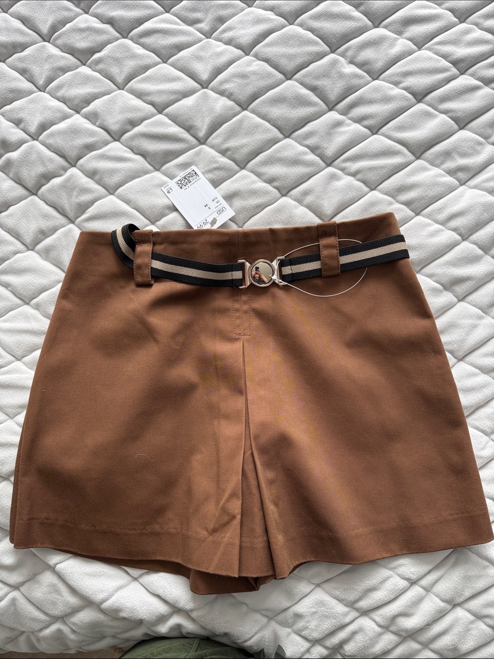 H&M Brown High-Waist Skort with Striped Belt NWT
